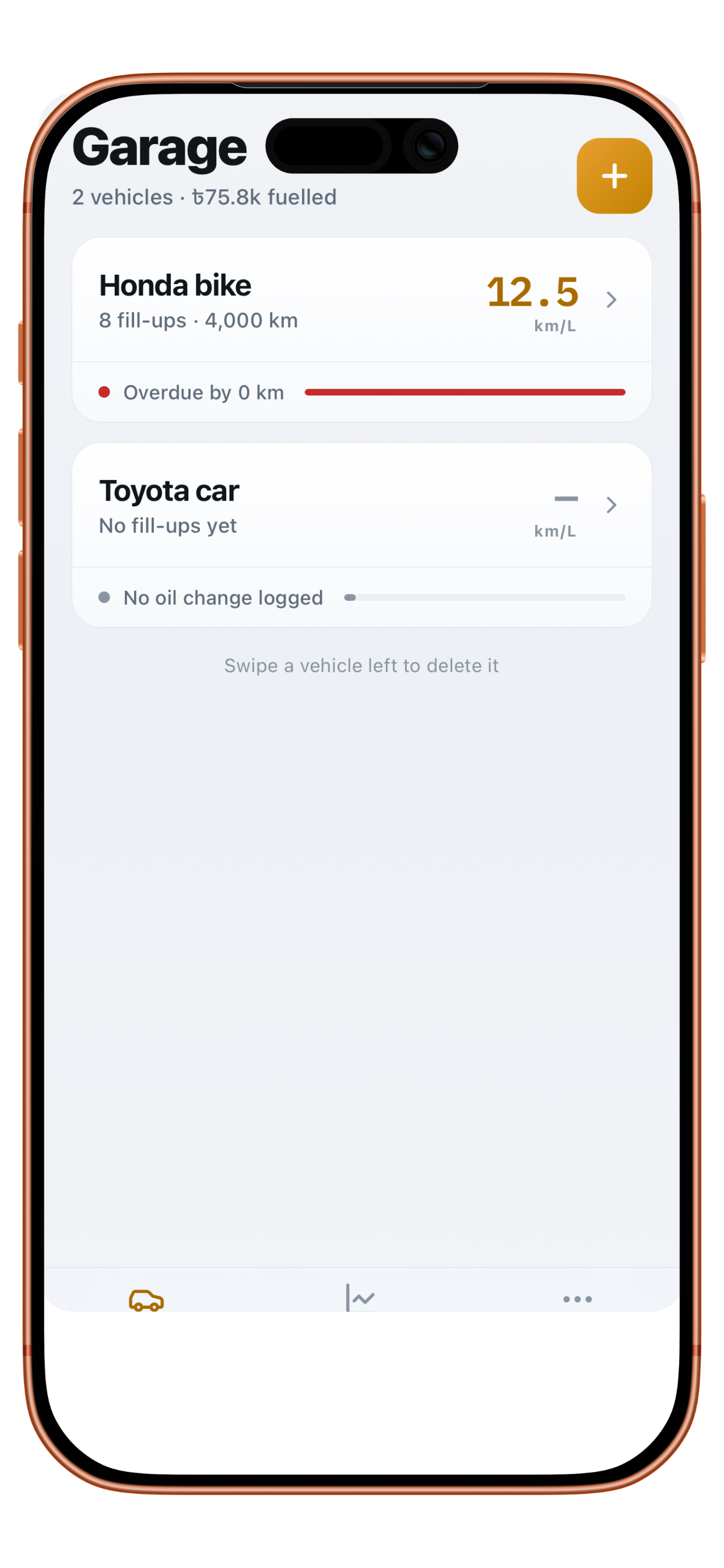 FuelFlow garage screen with Honda bike and Toyota car