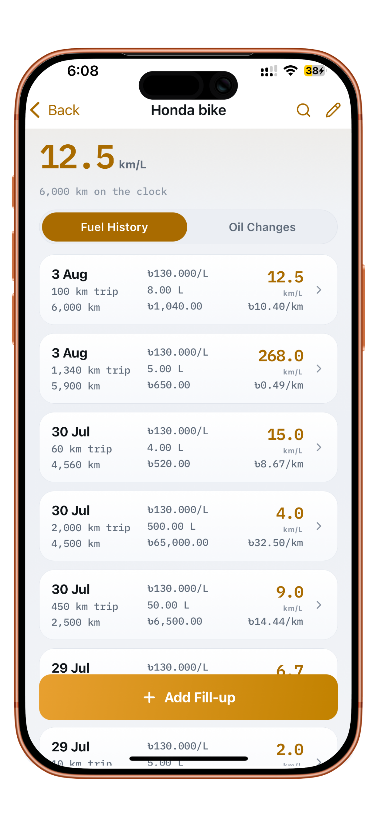 FuelFlow fuel history list with fill-up entries