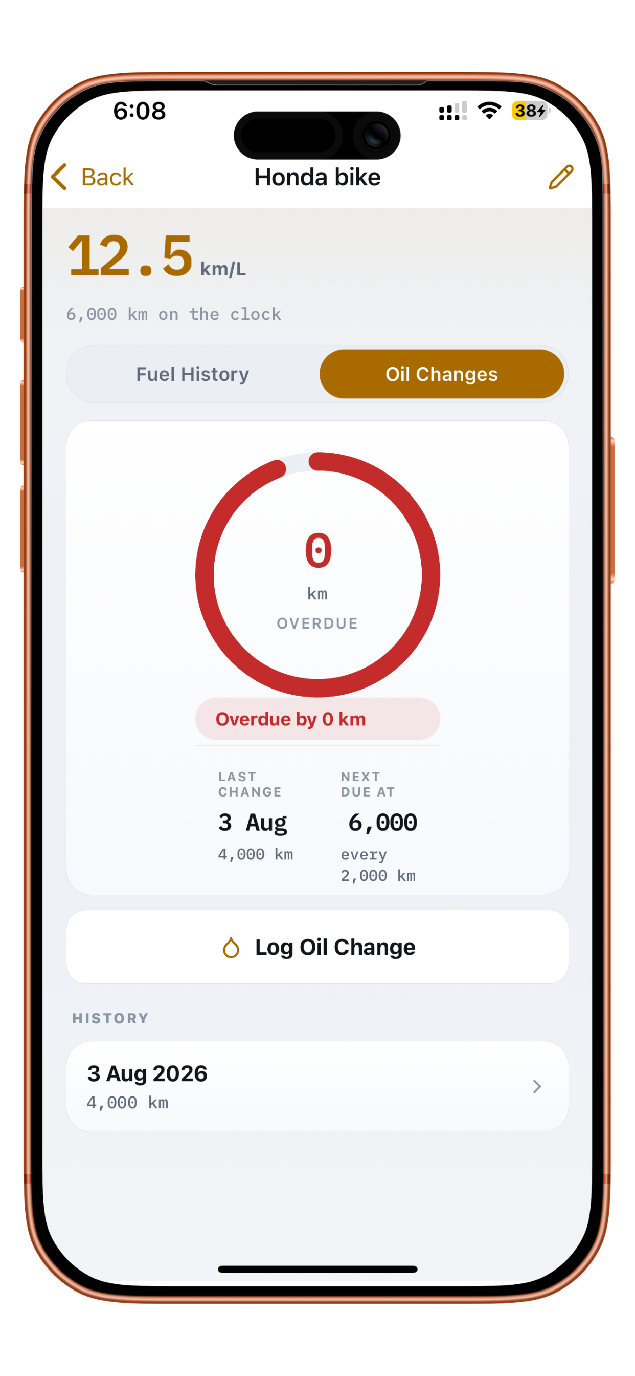 FuelFlow oil change tracking ring at 0 km overdue